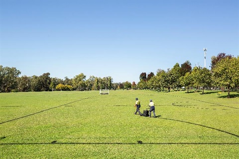 Photo of Edgell Park in Cowra, a large green oval with trees on the far side and two people walking across the field.
